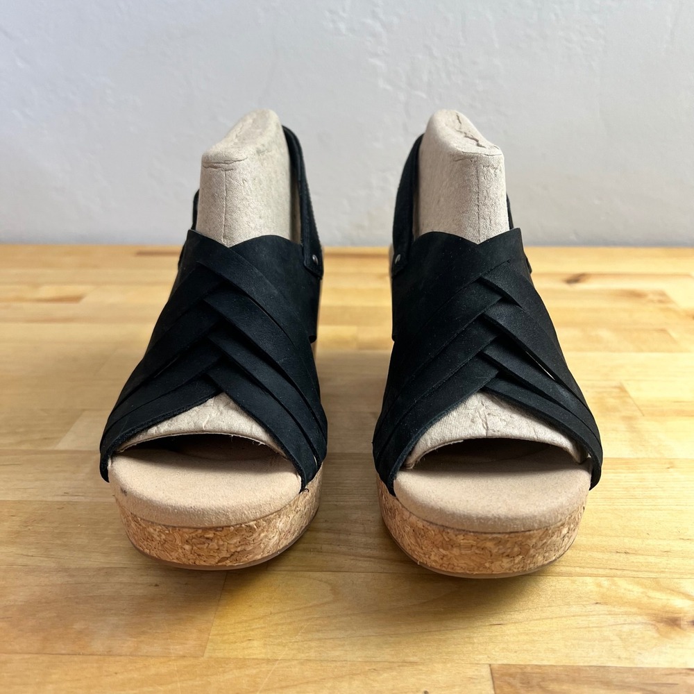 Clarks Wedges Giselle‎ Black Suede Strappy Cork Platform Sandals Size 6.5 - Picture 4 of 13